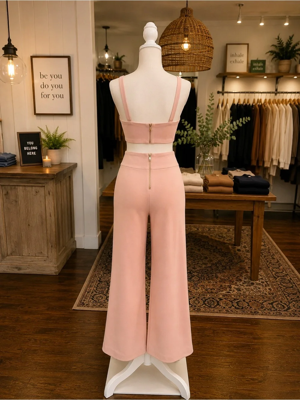 Pink Two Piece Bustier Crop Top & High Rise Bell Bottom Pants Set NWOT S M L